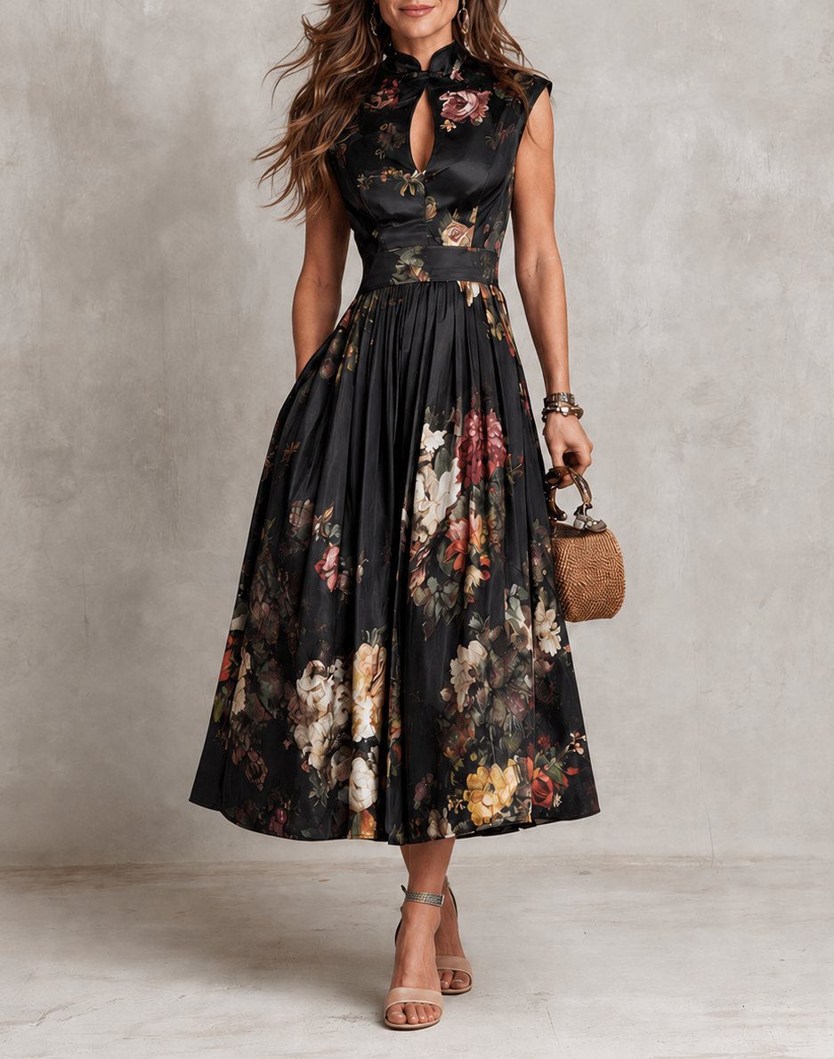 Adèle | Robe midi en satin à col ajouré
