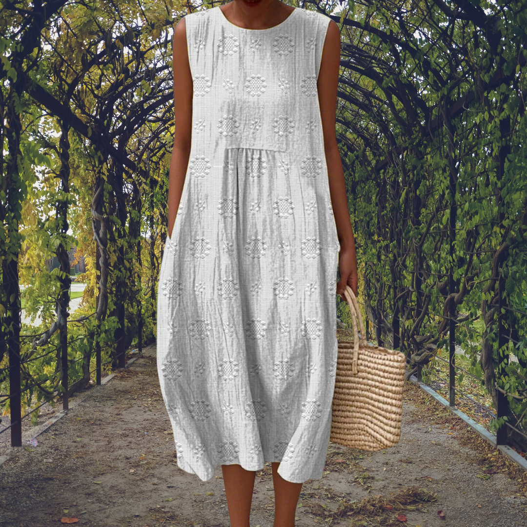 Aline – Robe midi fluide sans manches avec poches