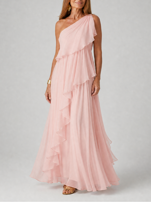 Blanche | Robe longue une épaule à volants en cascade