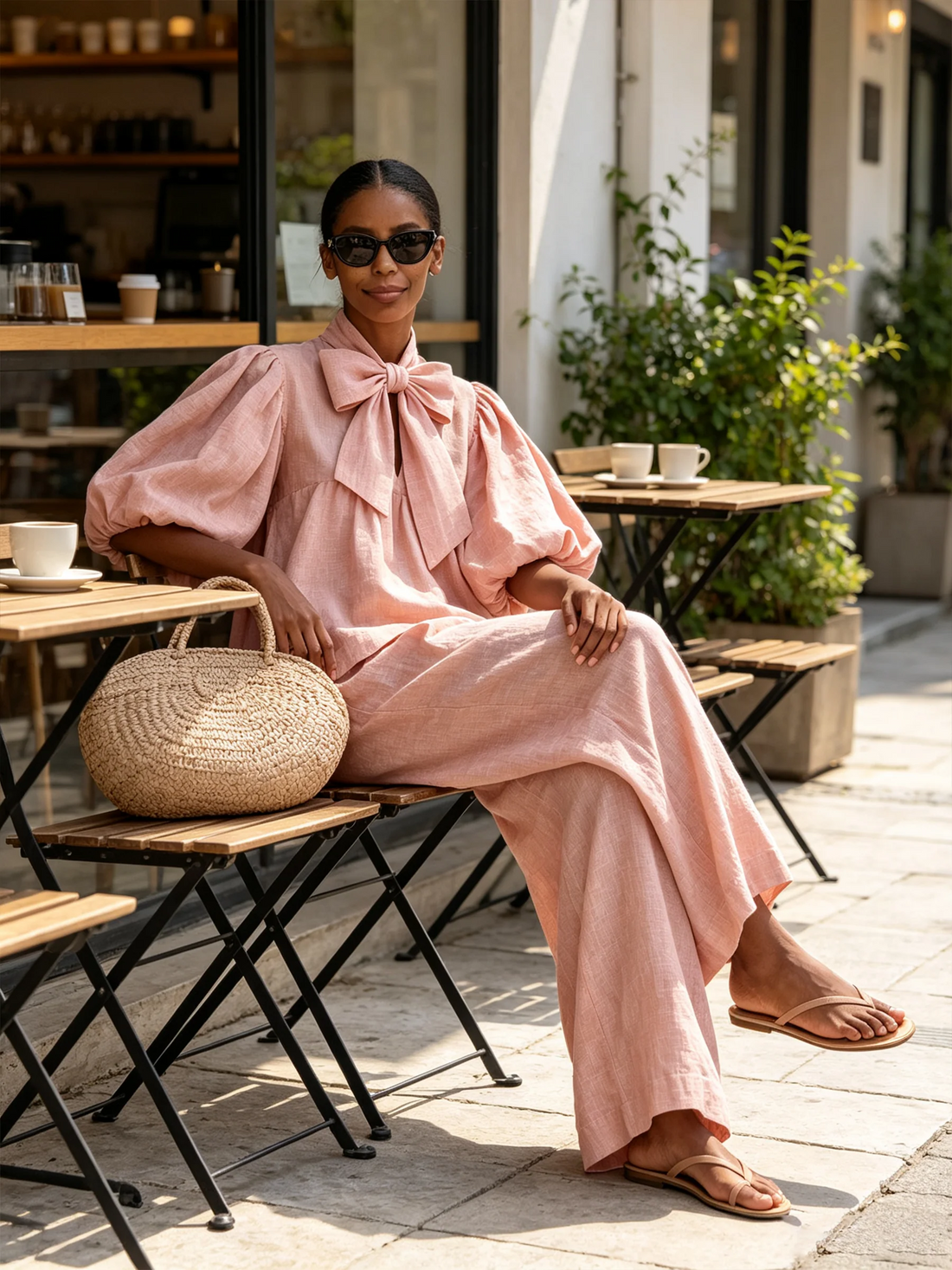 Inès | Ensemble col lavallière et pantalon large
