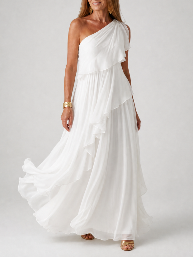 Blanche | Robe longue une épaule à volants en cascade