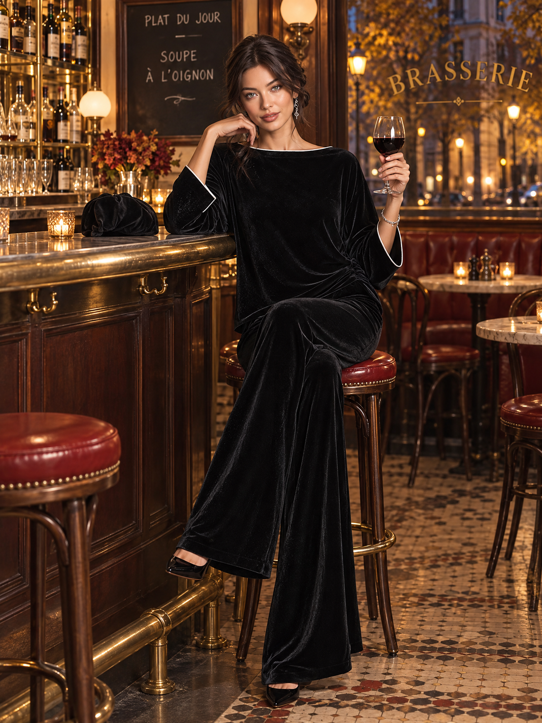 Aliette | Ensemble en velours noir, haut bateau et pantalon palazzo
