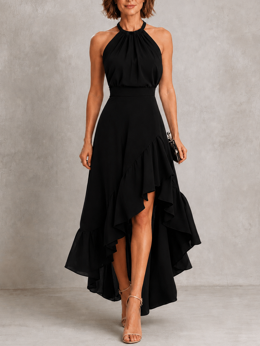 Chloé | Robe longue col halter à ourlet à volants