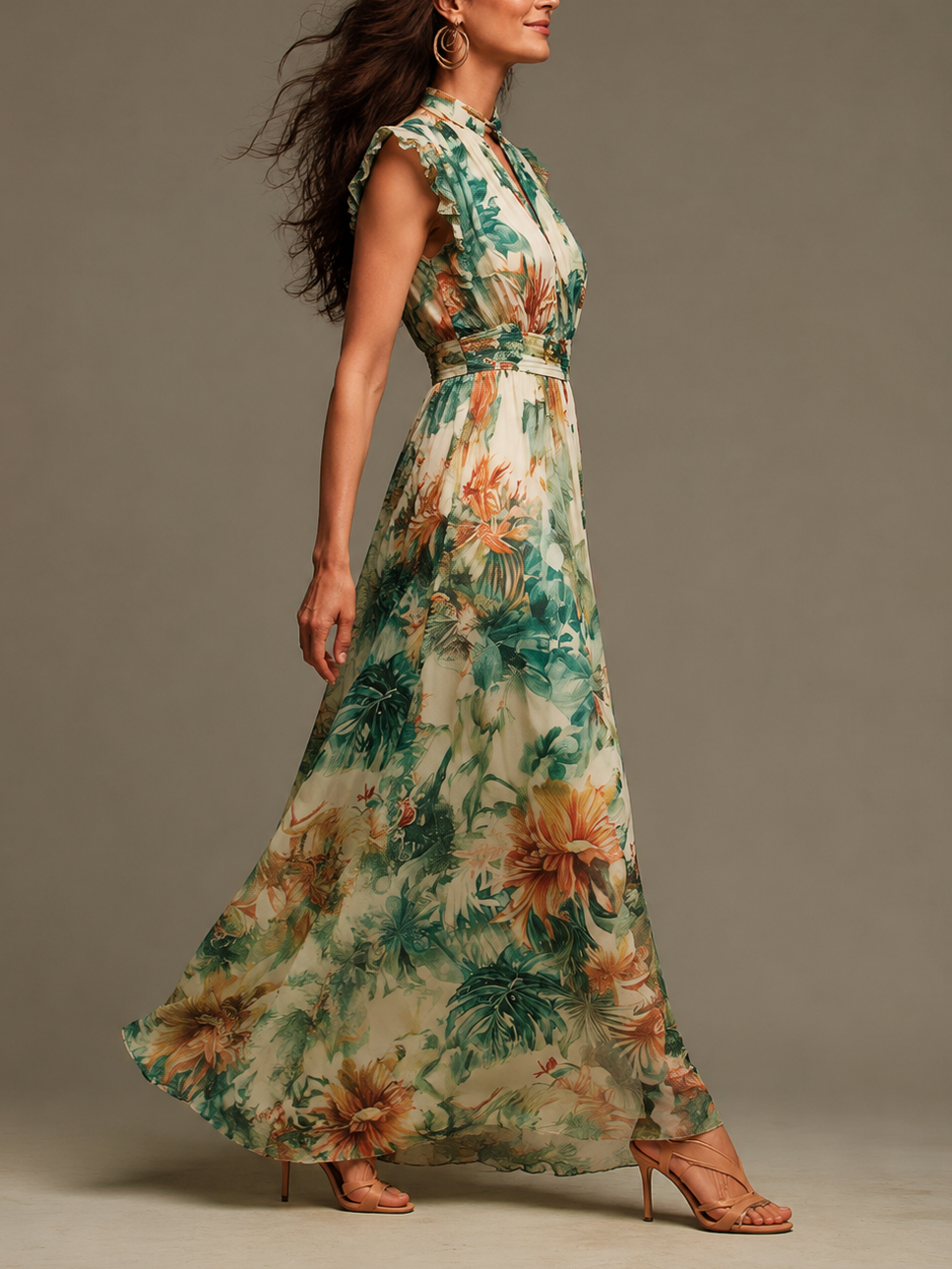 Clémence | Robe longue en mousseline à imprimé tropical