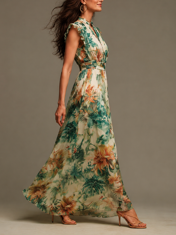 Clémence | Robe longue en mousseline à imprimé tropical