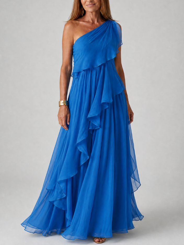 Blanche | Robe longue une épaule à volants en cascade