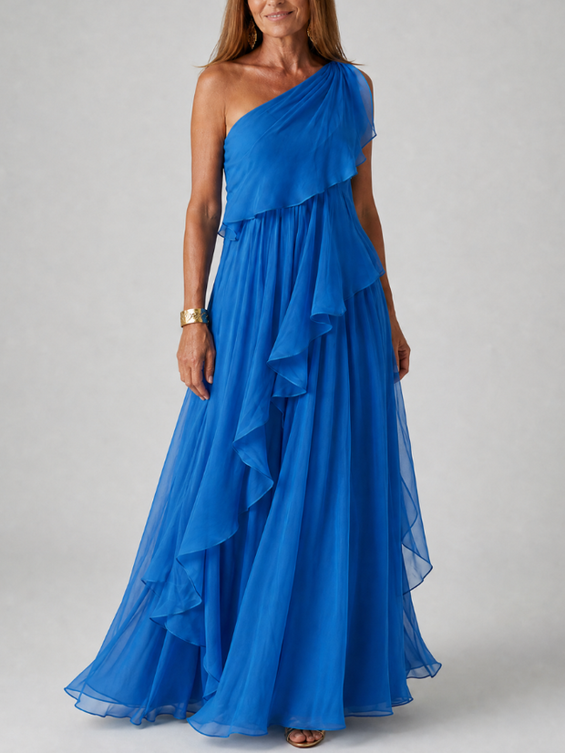 Blanche | Robe longue une épaule à volants en cascade