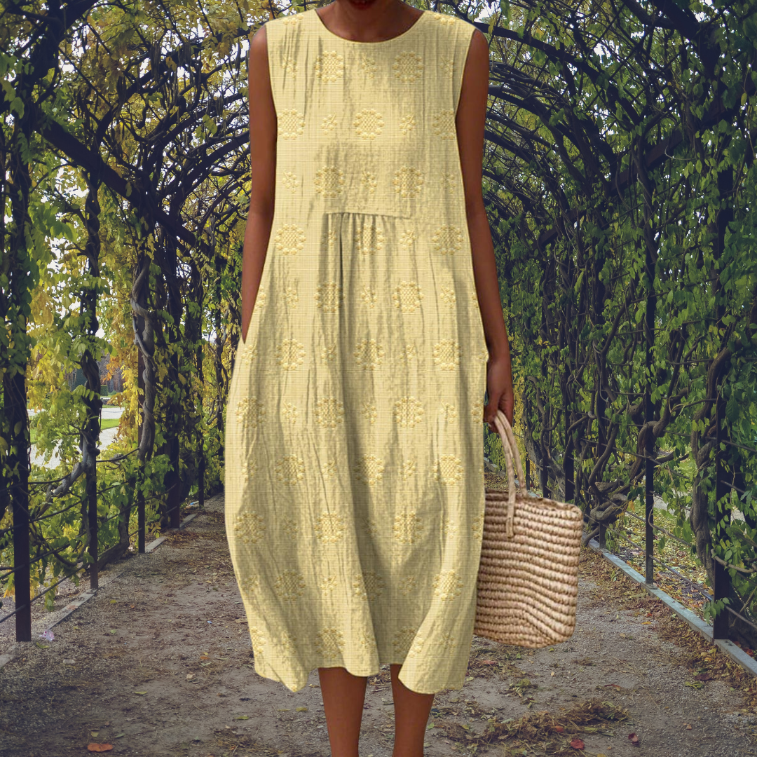 Amandine – Robe midi fluide sans manches avec poches
