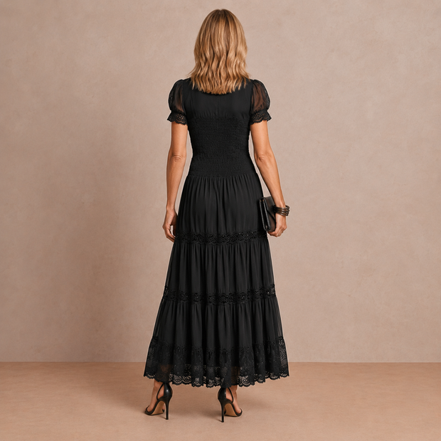 Delphine | Robe longue à empiècements de dentelle