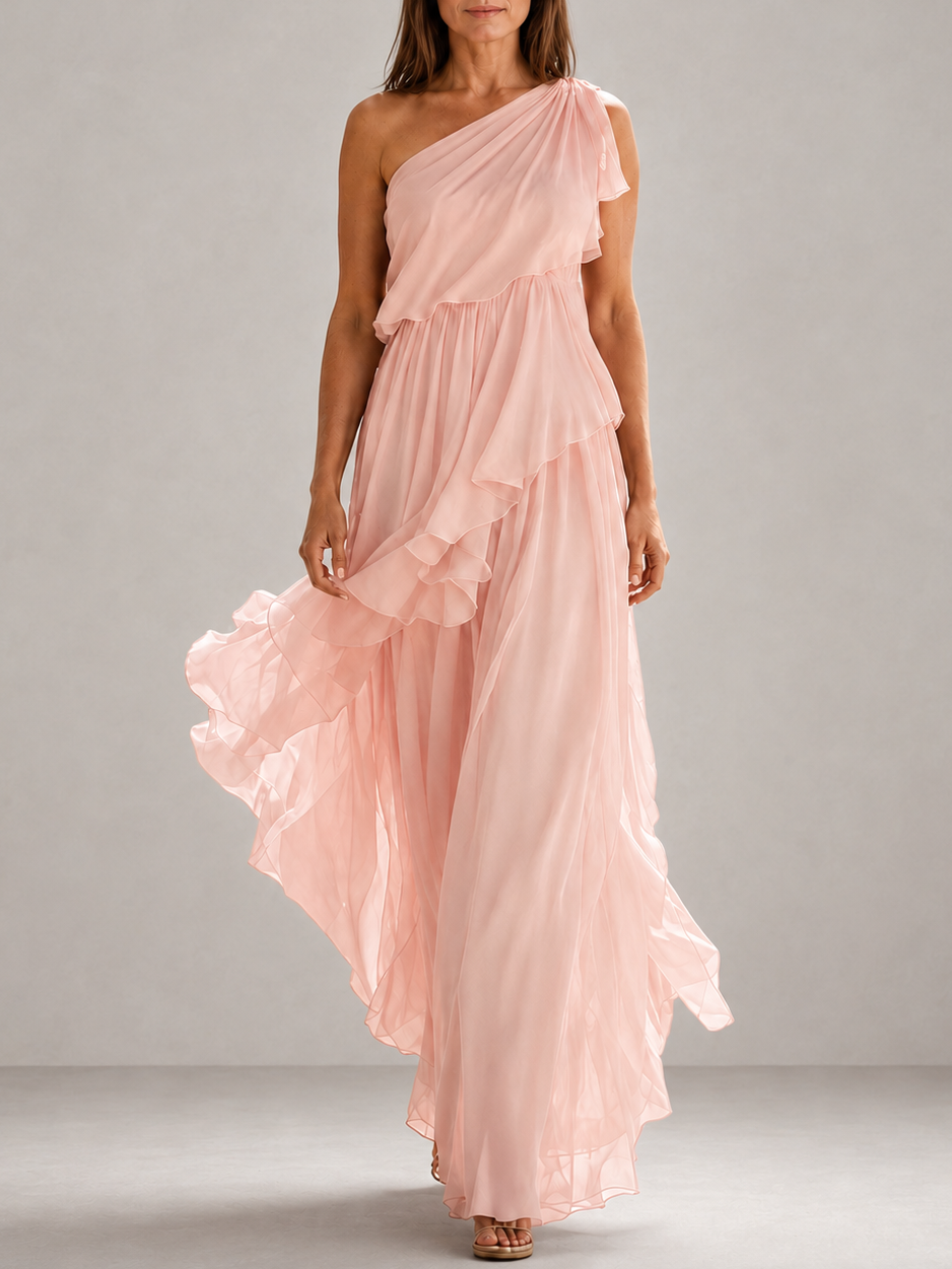 Marguerite | Robe longue une épaule à volants étagés