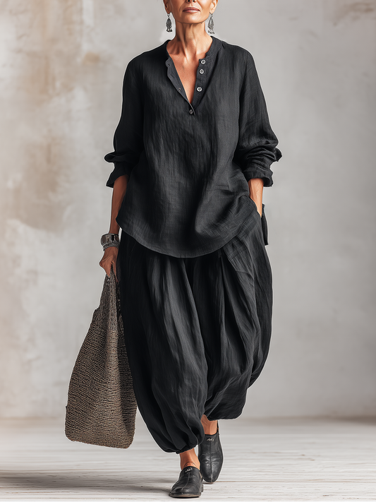 Maud | Ensemble en lin noir, tunique et pantalon sarouel