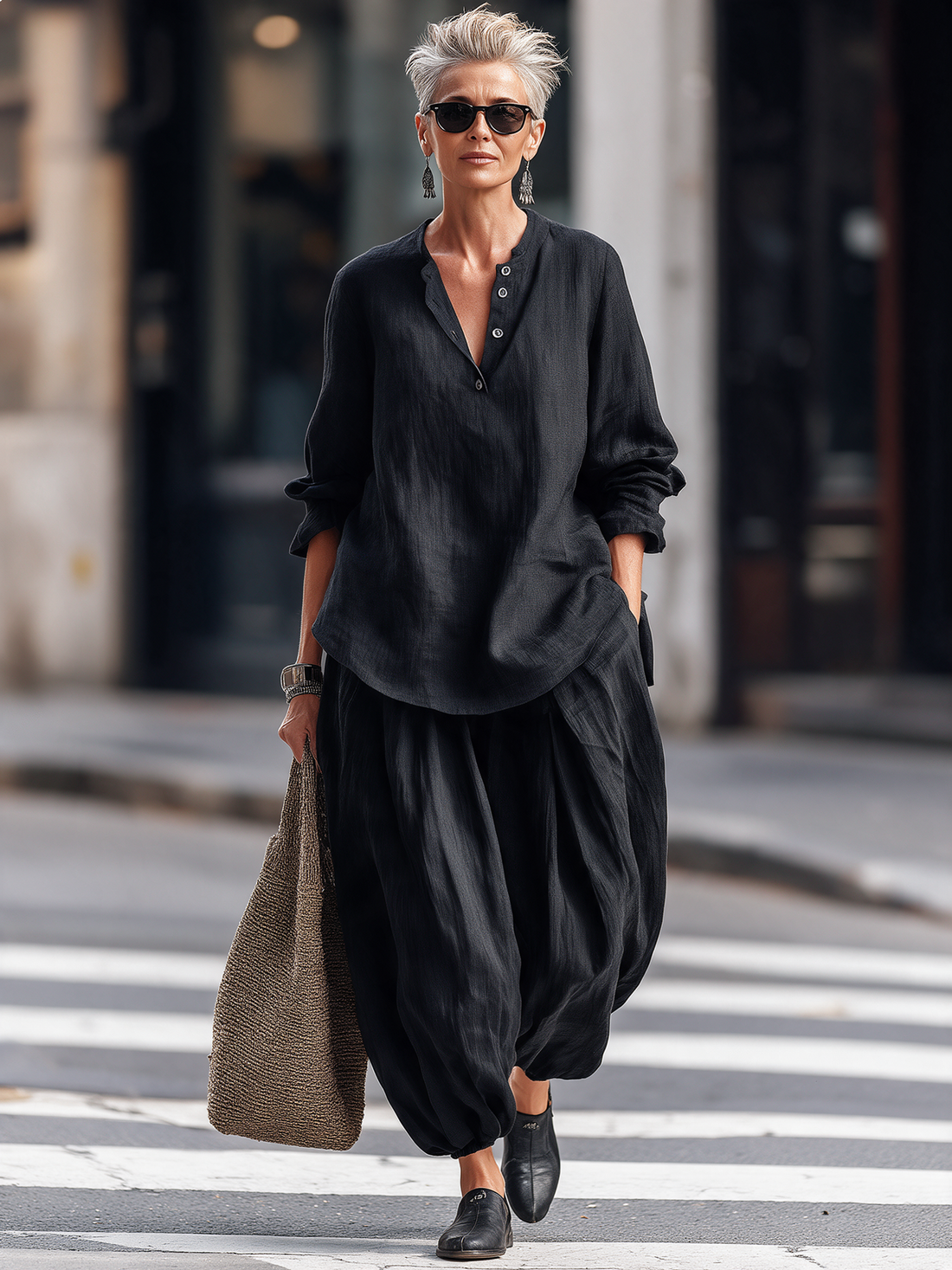 Maud | Ensemble en lin noir, tunique et pantalon sarouel