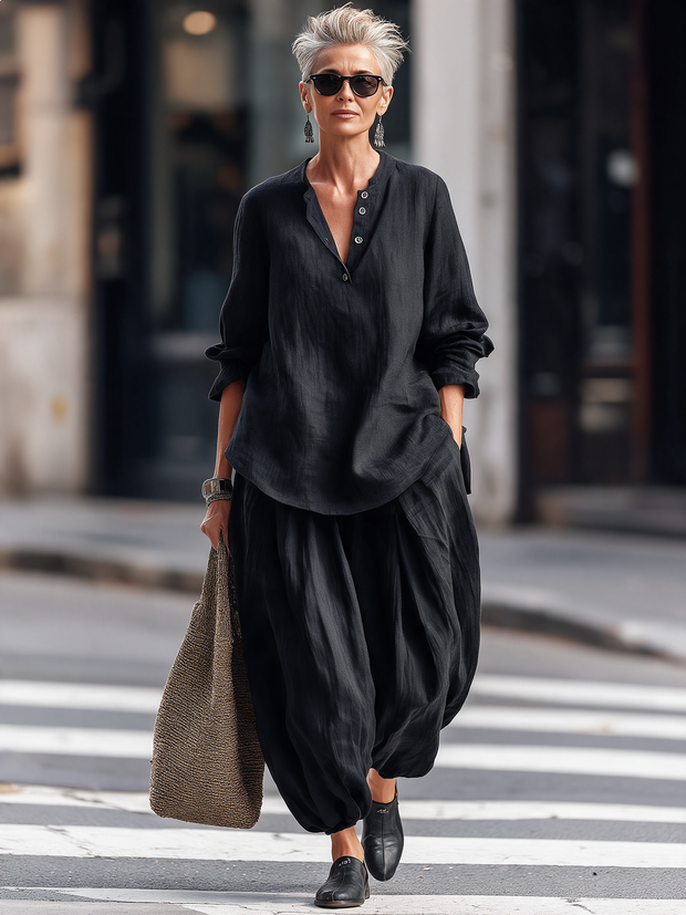 Maud | Ensemble en lin noir, tunique et pantalon sarouel