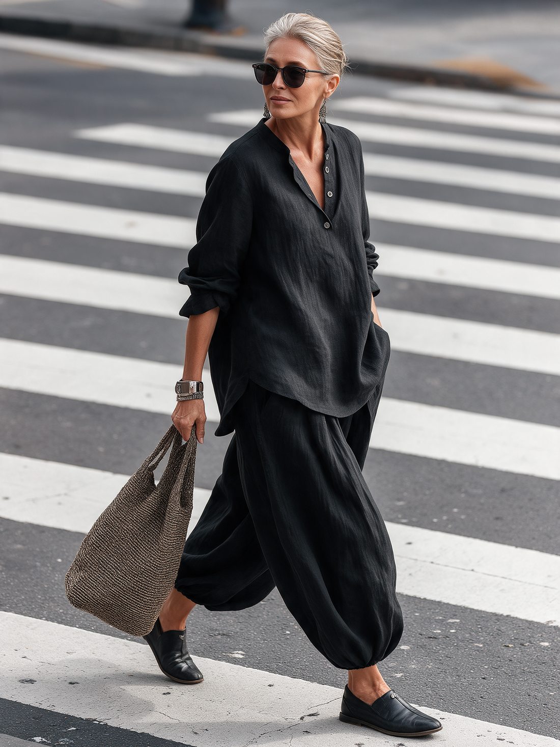 Maud | Ensemble en lin noir, tunique et pantalon sarouel