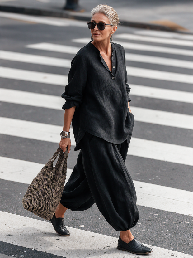 Maud | Ensemble en lin noir, tunique et pantalon sarouel