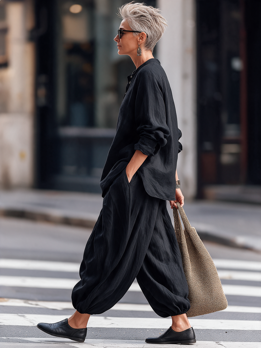 Maud | Ensemble en lin noir, tunique et pantalon sarouel