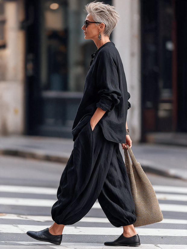Maud | Ensemble en lin noir, tunique et pantalon sarouel
