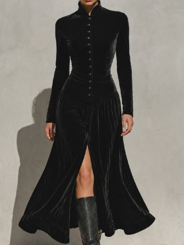 Thaïs | Robe longue en velours boutonnée à fente