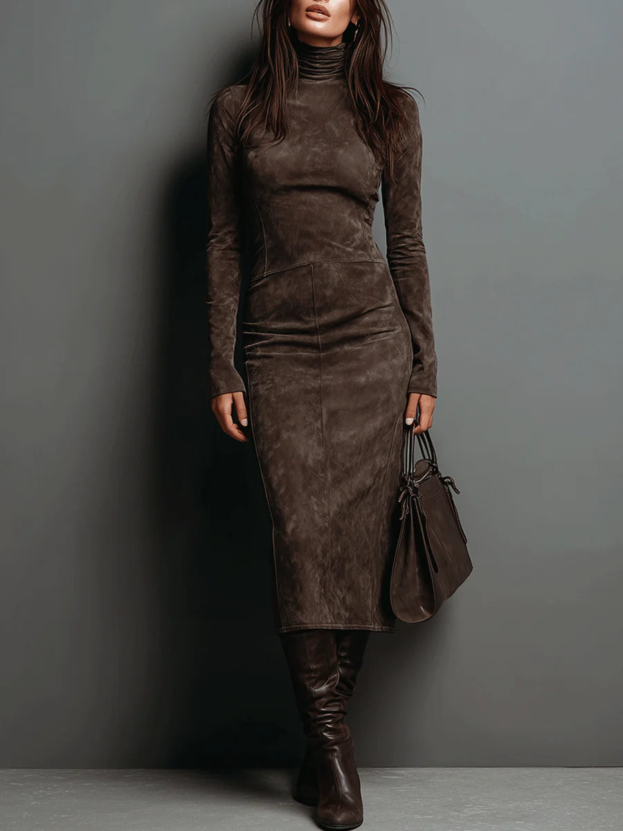 Blandine, robe midi en suédine chocolat à col montant, vue de face