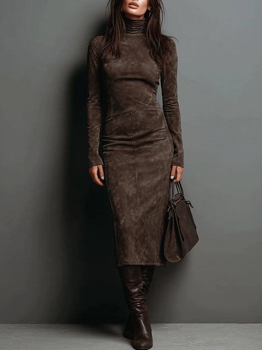 Blandine, robe midi en suédine chocolat à col montant, vue de face
