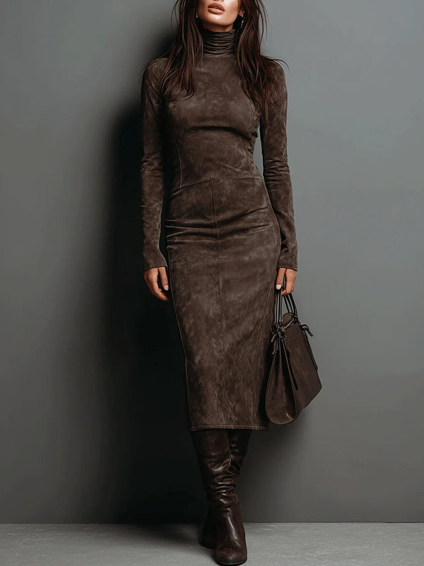 Blandine, robe midi en suédine chocolat à col montant, vue de face