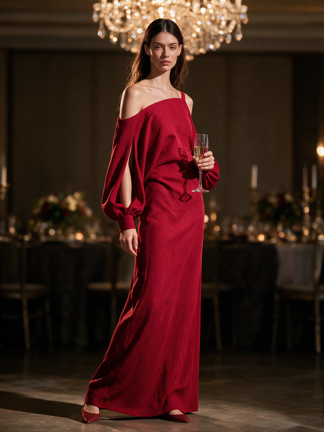 Faustine | Robe longue rouge à épaules dénudées et manches fendues