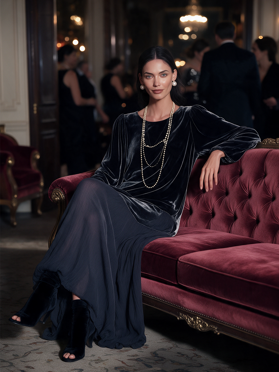 Désirée | Robe longue en velours noir et mousseline