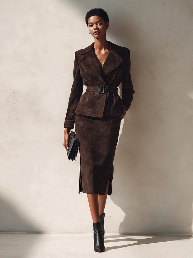 Geneviève | Ensemble veste et jupe midi en suédine ceinturé