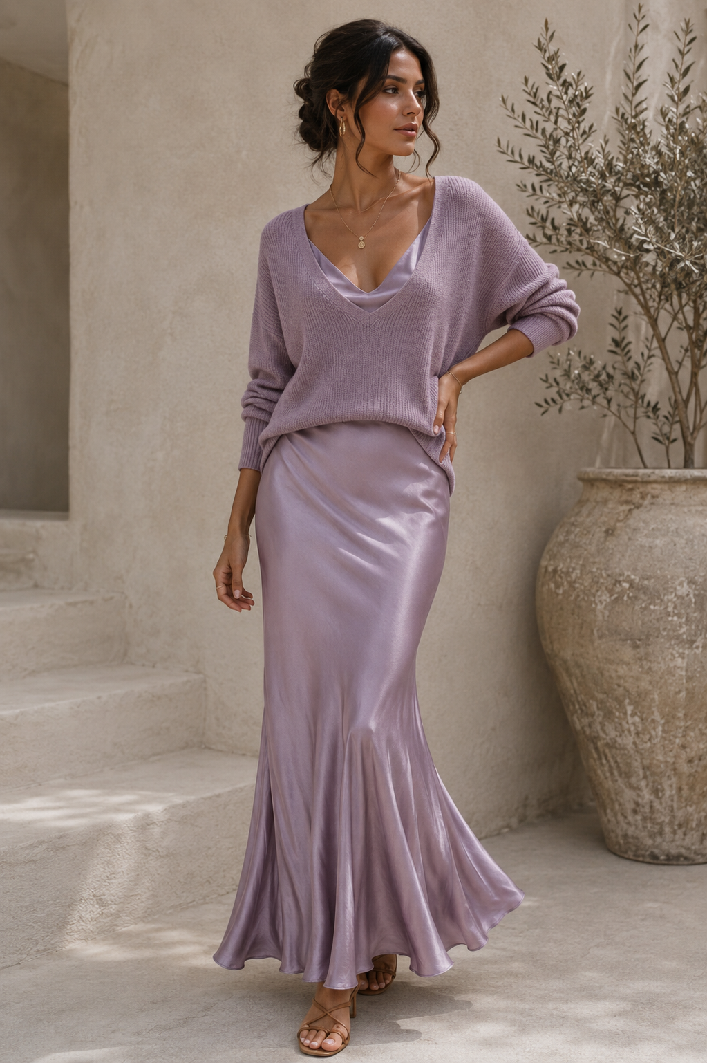 Alma | Robe satinée et son pull assorti
