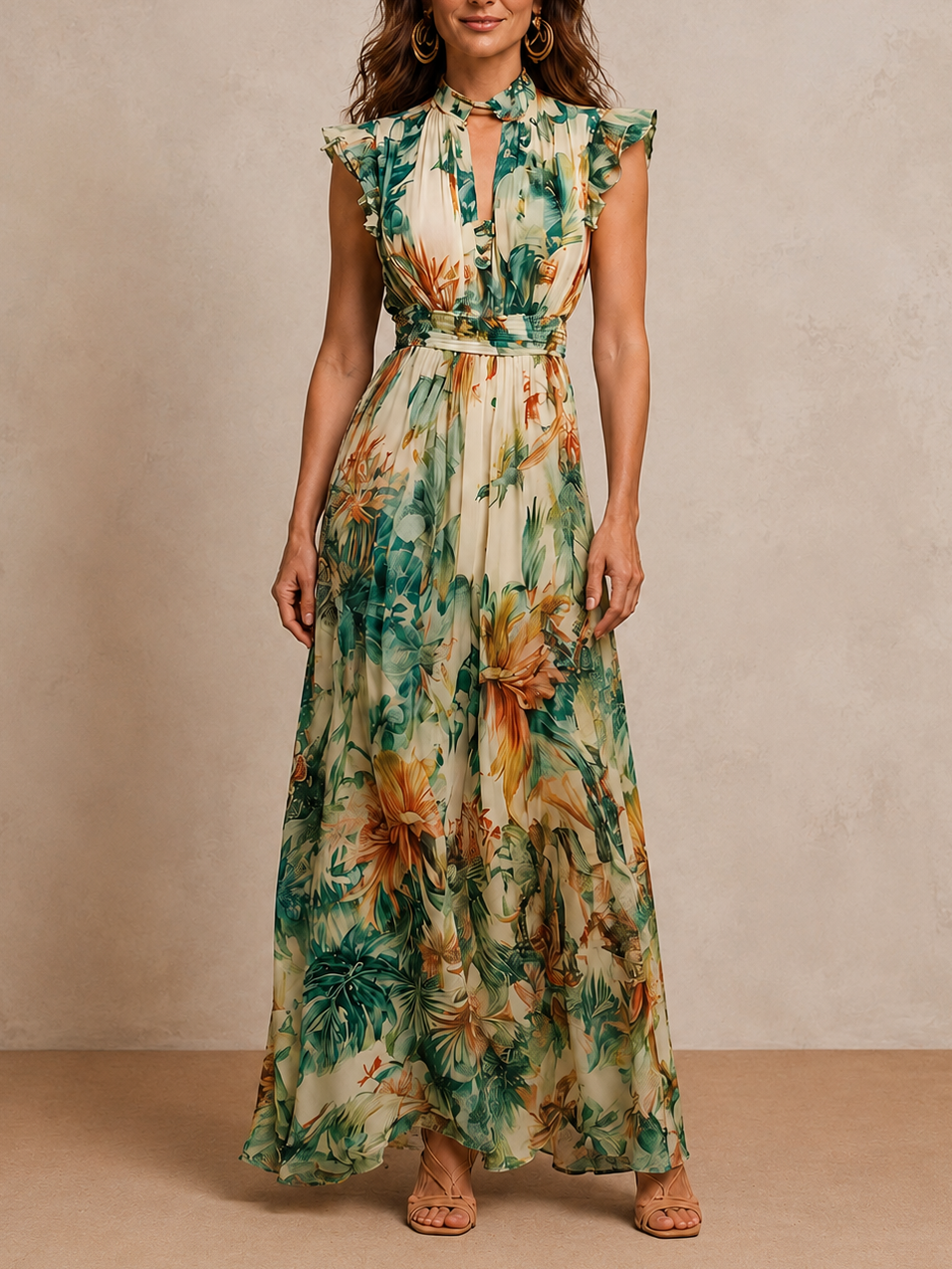 Clémence | Robe longue en mousseline à imprimé tropical
