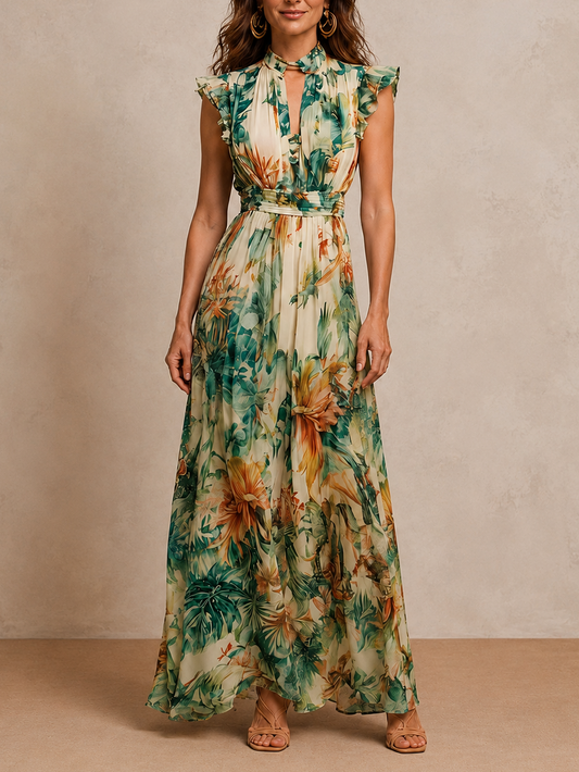 Clémence | Robe longue en mousseline à imprimé tropical