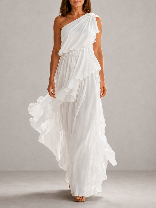 Marguerite | Robe longue une épaule à volants étagés