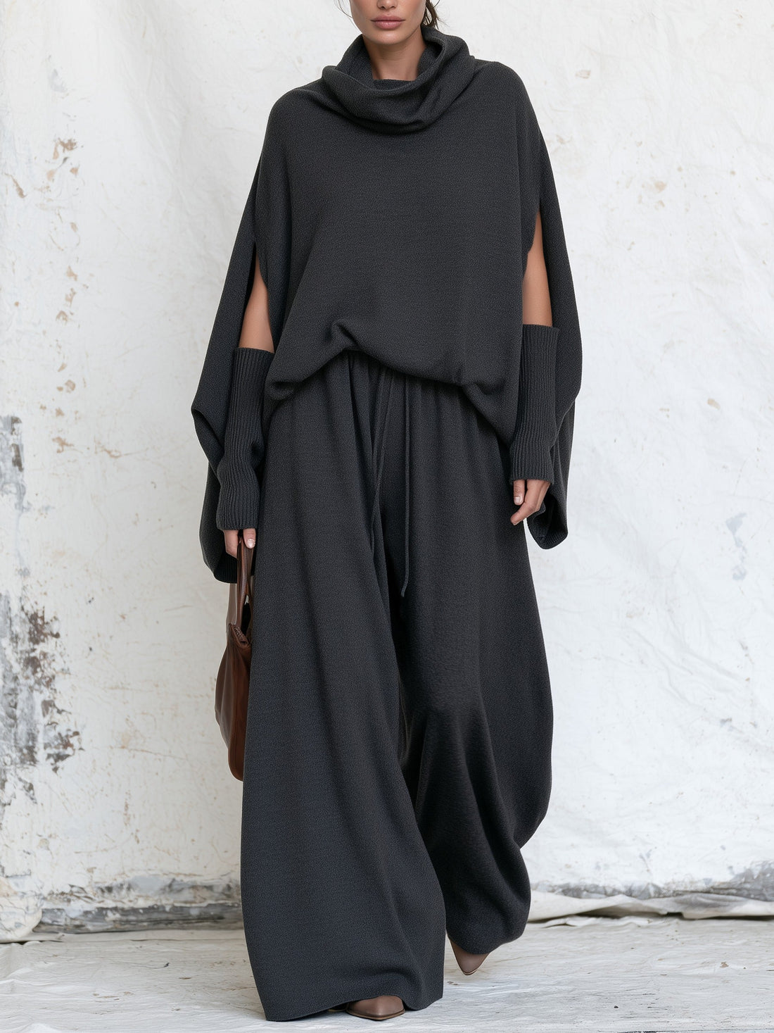 Lucile | Ensemble poncho et pantalon large gris anthracite