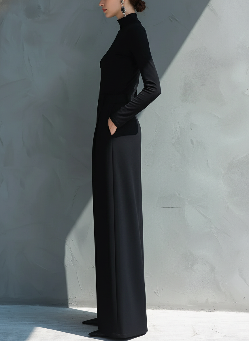 Solange de profil, jambe large qui tombe jusqu’au sol