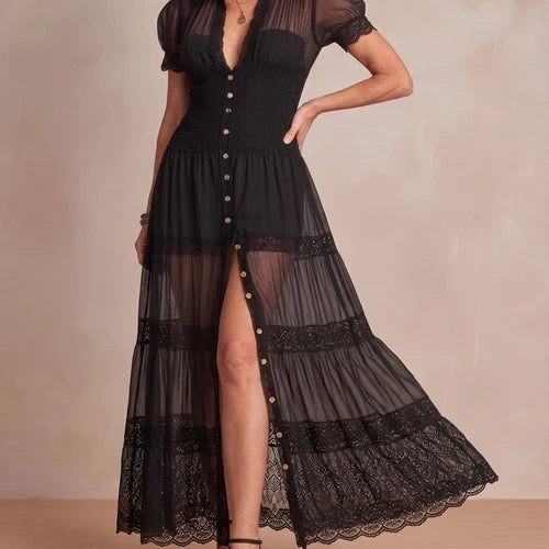 Delphine | Robe longue à empiècements de dentelle