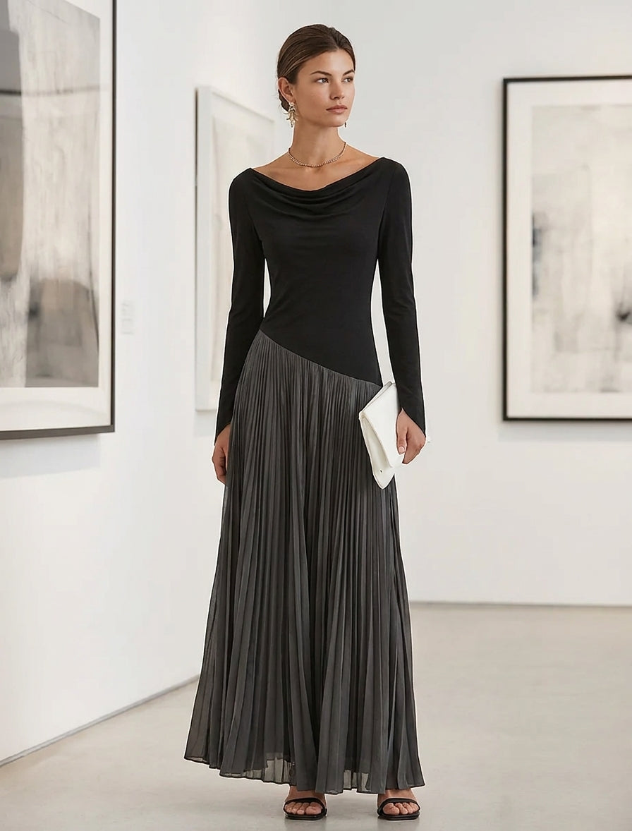 Laetitia, robe longue noir et gris à jupe plissée