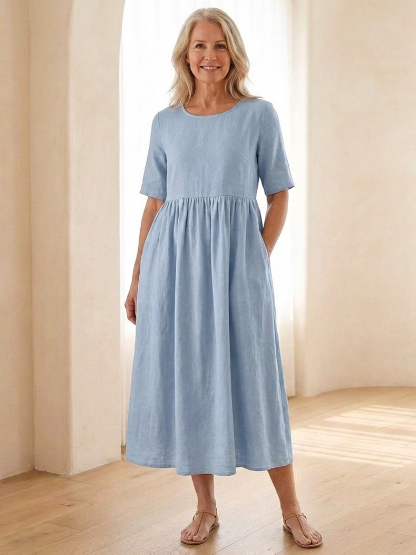 Mathilde – Robe midi fluide à taille froncée