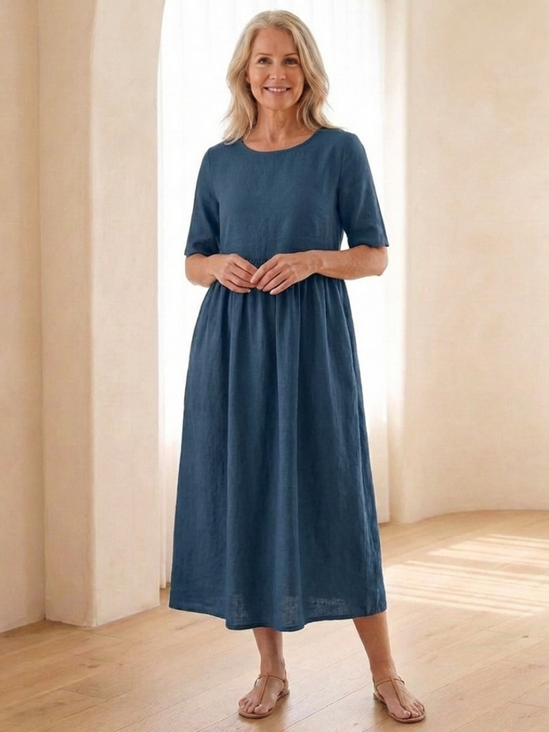 Mathilde – Robe midi fluide à taille froncée