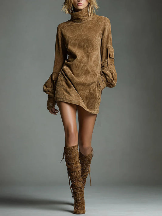 Bertille, robe courte en suédine camel à col roulé, vue de face