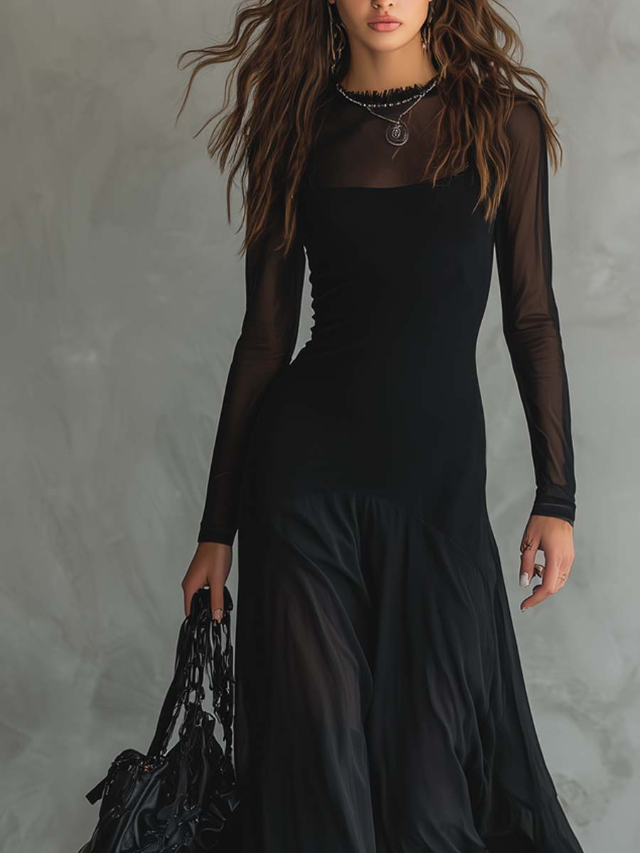 Ondine | Robe longue en tulle noir à empiècements