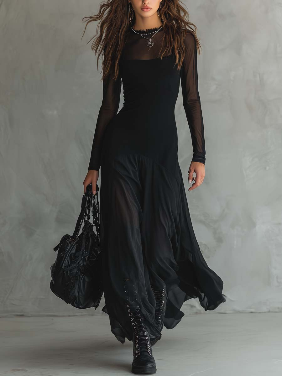 Ondine | Robe longue en tulle noir à empiècements