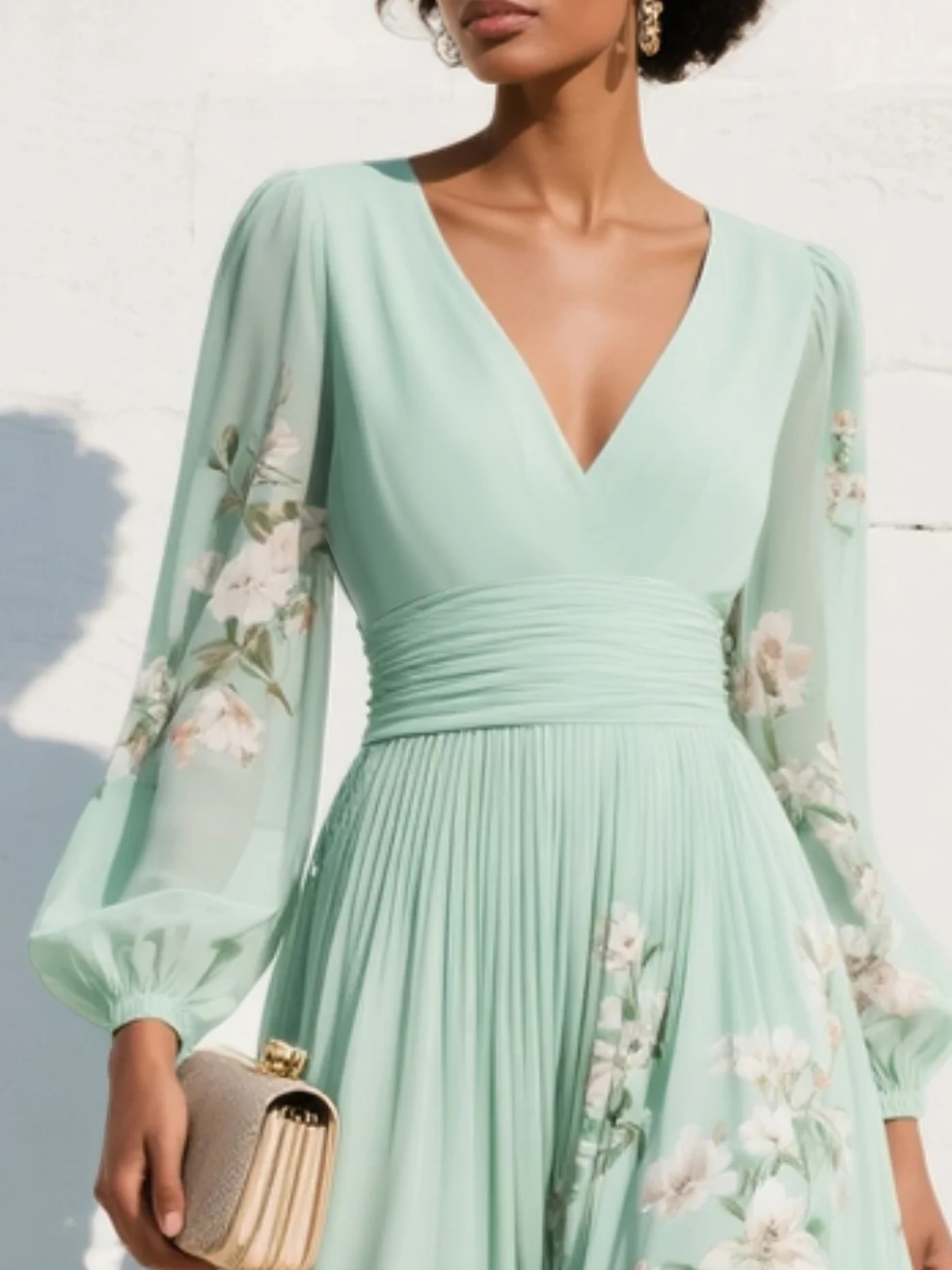 Maëlys – Robe midi plissée fleurie en chiffon col V