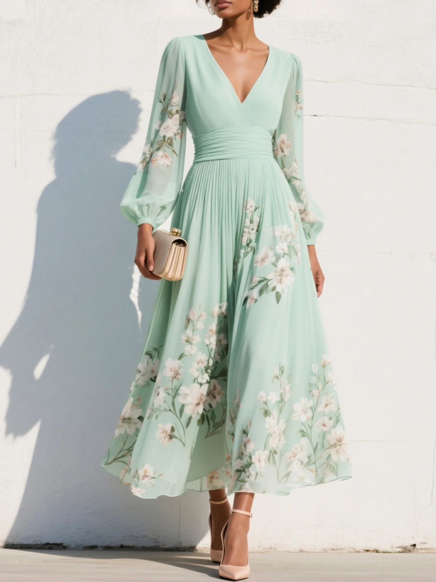 Maëlys – Robe midi plissée fleurie en chiffon col V