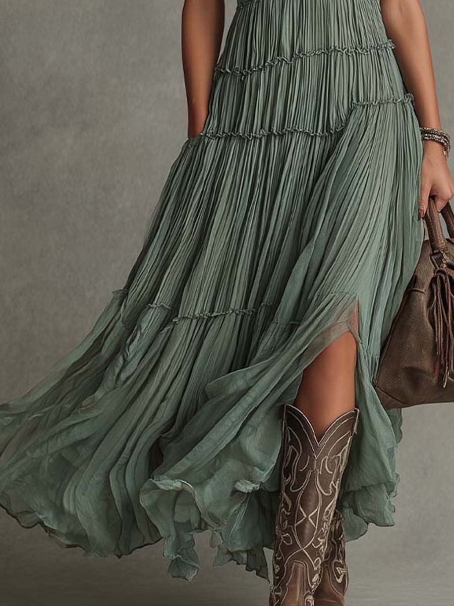 Solène | Robe longue plissée à décolleté froncé