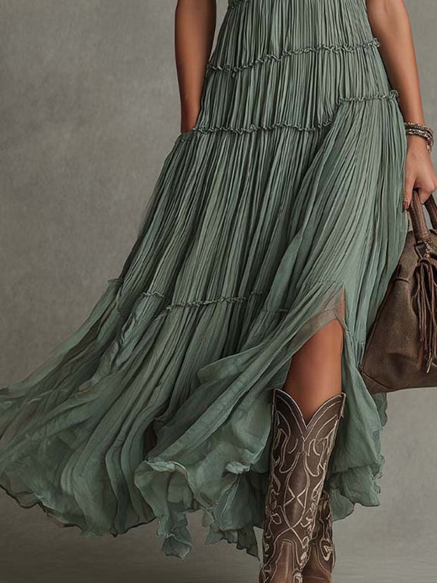 Solène | Robe longue plissée à décolleté froncé