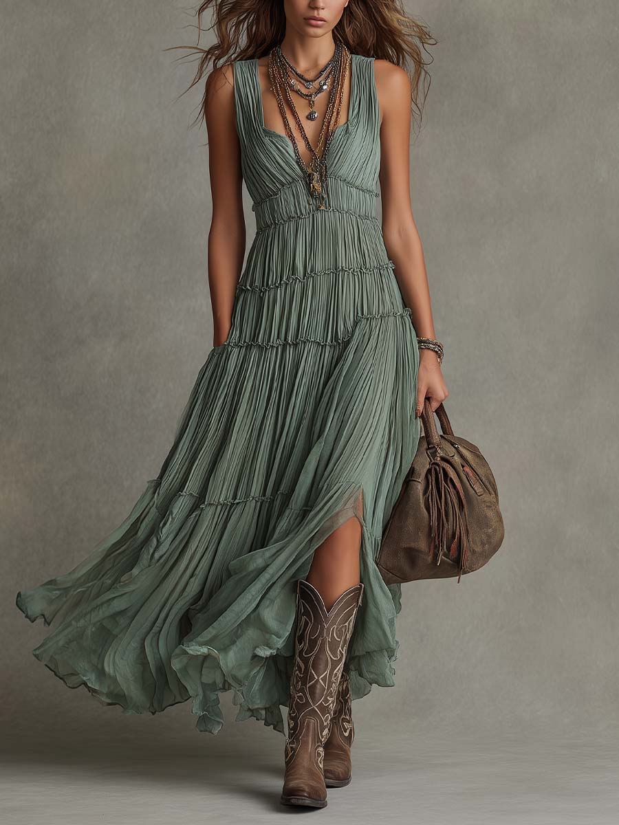 Solène | Robe longue plissée à décolleté froncé