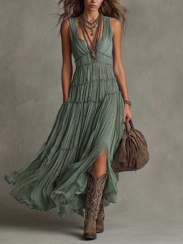 Solène | Robe longue plissée à décolleté froncé