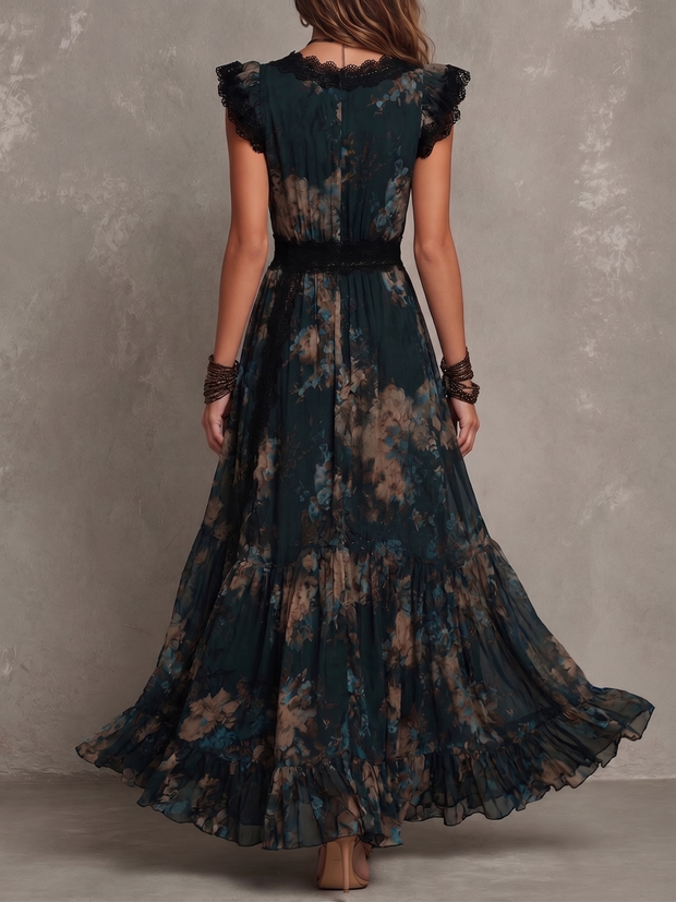 Capucine | Robe longue fleurie à volants étagés