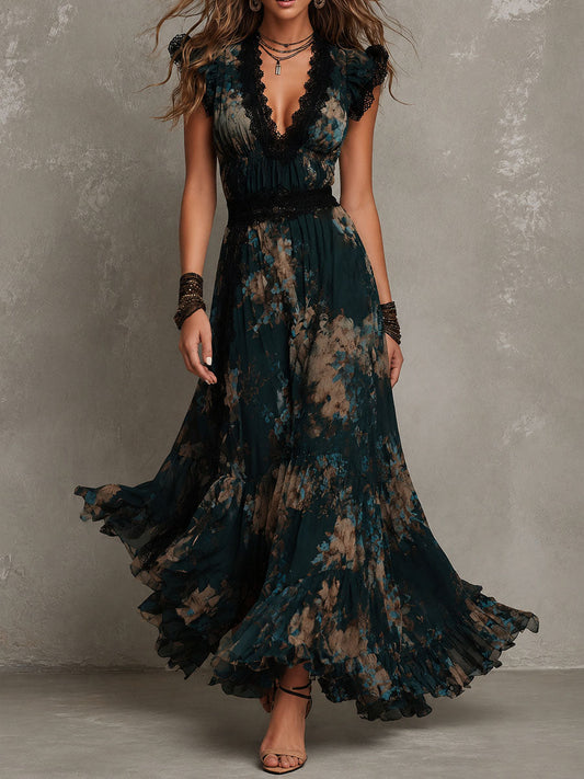 Capucine | Robe longue fleurie à volants étagés