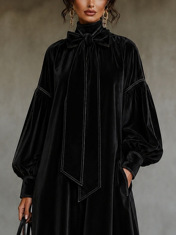 Margot | Robe midi en velours noir à nœud